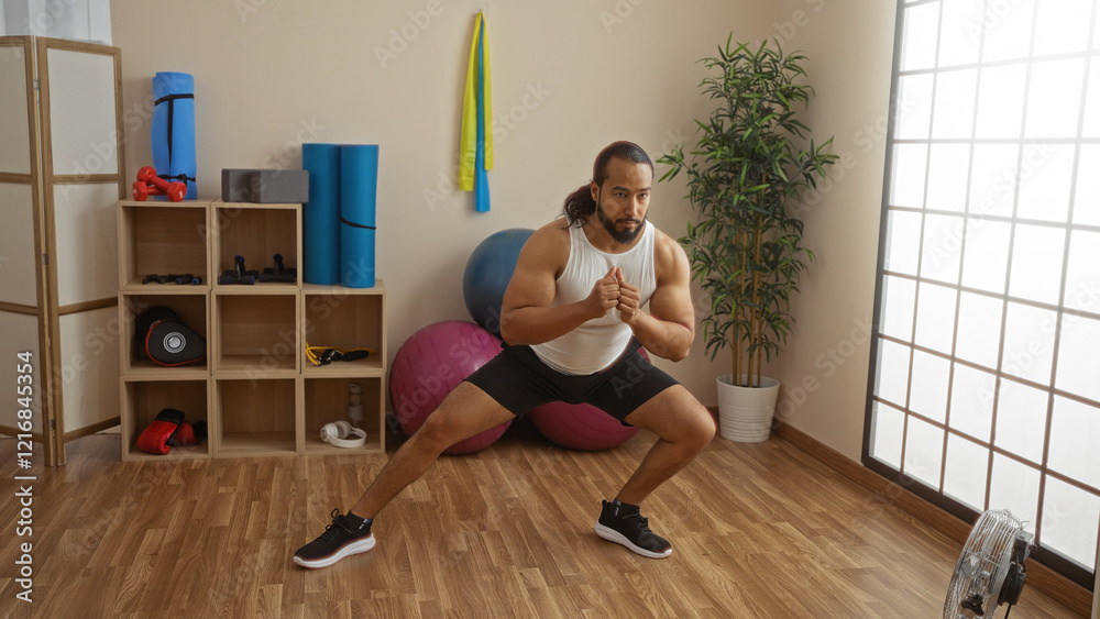 Fototapeta premium Man exercising in indoor gym with exercise gear and wooden floor, focusing on fitness and wellness, showcasing workout and healthy lifestyle in modern spa-like setting.