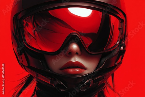 Woman in a sleek helmet with red reflective visor against a striking red background during an intense ride preparation photo