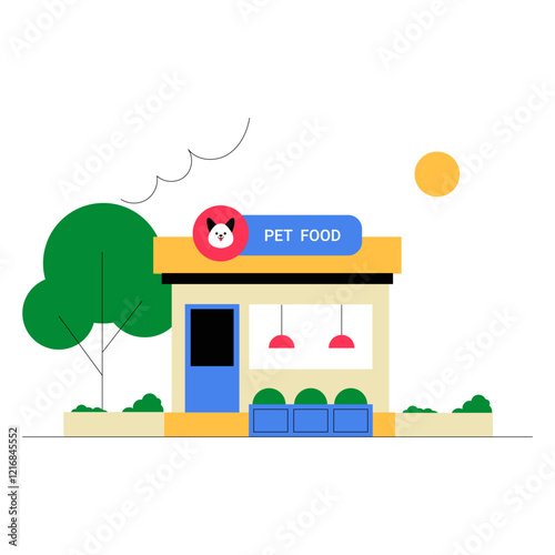 Pet Food Store In Flat Vector Illustration Symbolizing Pet Supplies, Animal Care, And Nutrition, Isolated On White Background