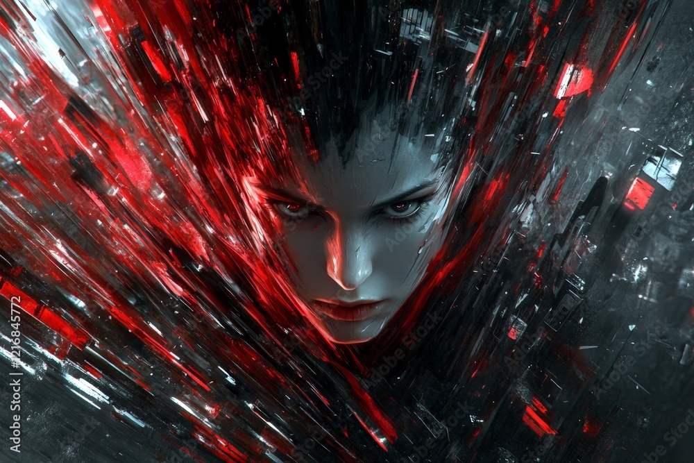 Naklejka premium Exquisite digital art showcasing a woman's face emerging from a dynamic, abstract background of vibrant red and dark hues