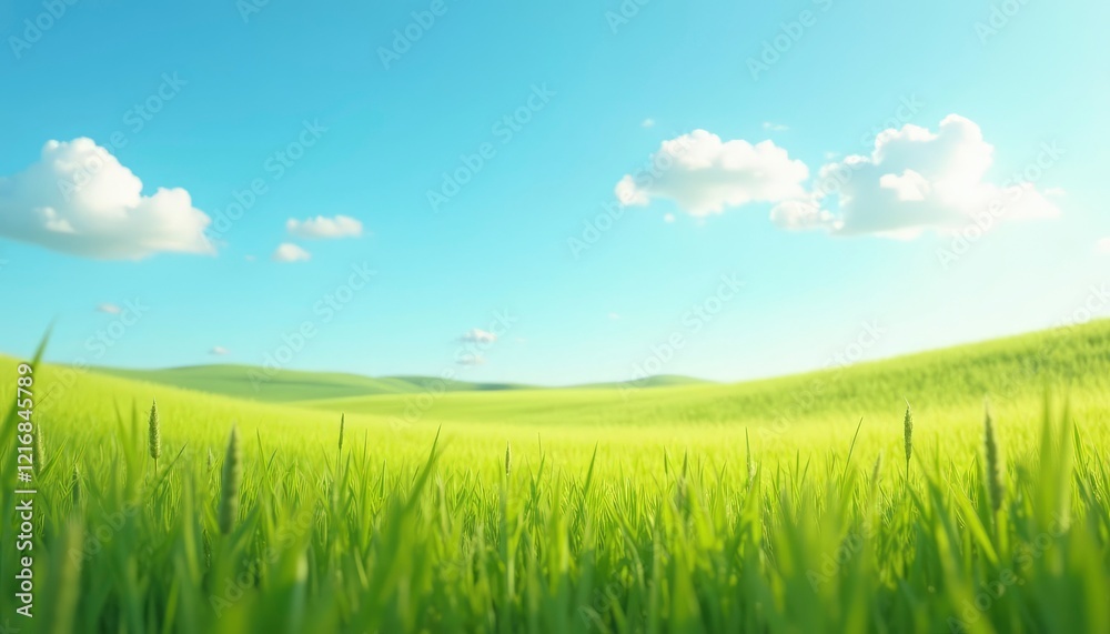 Serene Green Fields: A Pastoral Landscape Under a Sunny Sky Serene Green Fields: A Pastoral Landscape Under a Sunny Sky