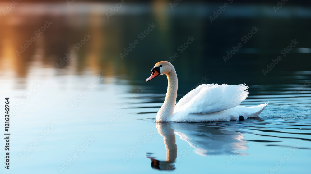 Elegant swan gliding serenely across a tranquil lake at sunset Elegant swan gliding serenely across a tranquil lake at sunset