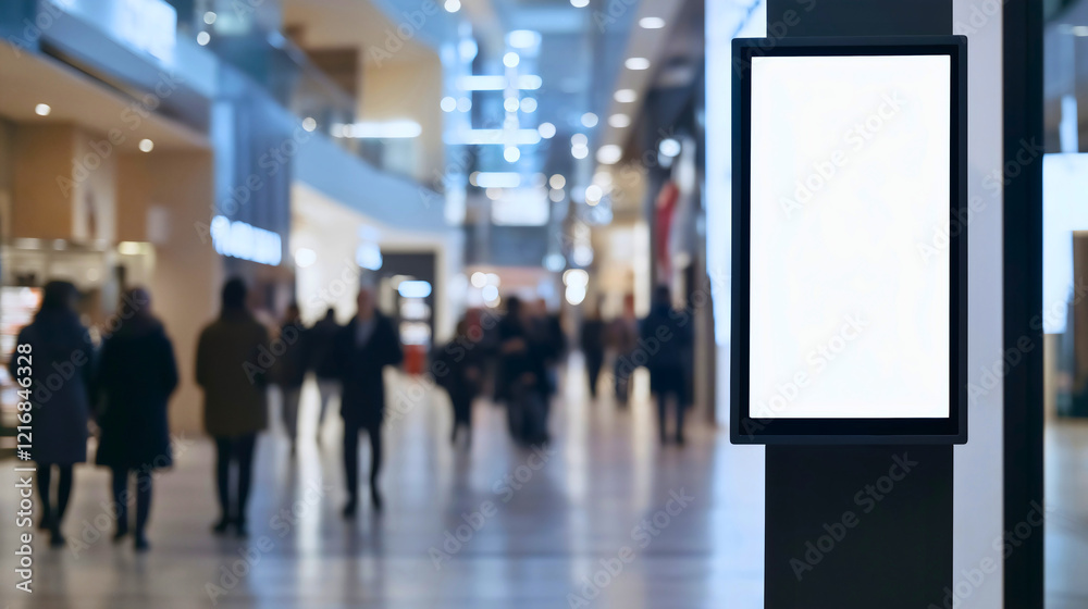 Illuminated Retail Signage in a Crowded Indoor Shopping Mall with People Walking Illuminated Retail Signage in a Crowded Indoor Shopping Mall with People Walking