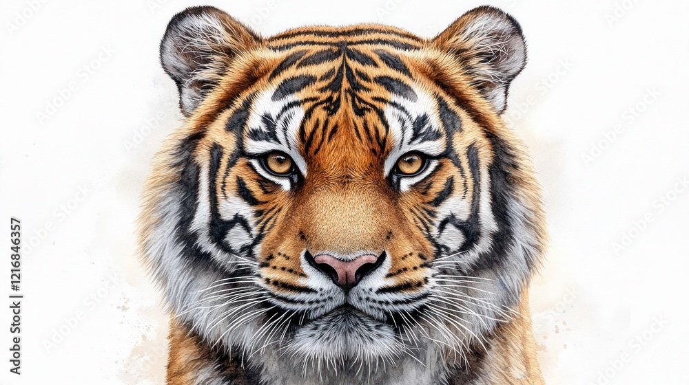 Fototapeta premium Tiger portrait, studio, intense gaze, white background, wildlife art