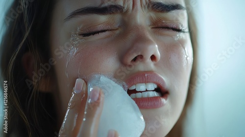 A woman applies ice to her face, desperately seeking relief from a severe toothache. Her expression reveals distress and concern, showcasing her determination to alleviate the overwhelming pain.
