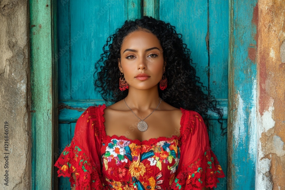 Fototapeta premium Colorful portrait of a woman in traditional attire against a vibrant blue background in a rustic setting