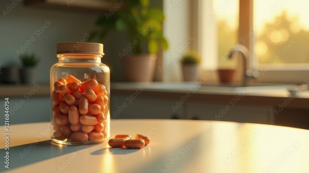 A glass jar filled with numerous peach-colored capsules sits on a kitchen table, bathed in the warm glow of the setting sun, a few capsules spilled nearby. A glass jar filled with numerous peach-colored capsules sits on a kitchen table, bathed in the warm glow of the setting sun, a few capsules spilled nearby.