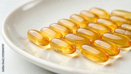 A close-up view of transparent yellow capsules arranged neatly on a white plate, showcasing dietary supplements or vitamins. photo