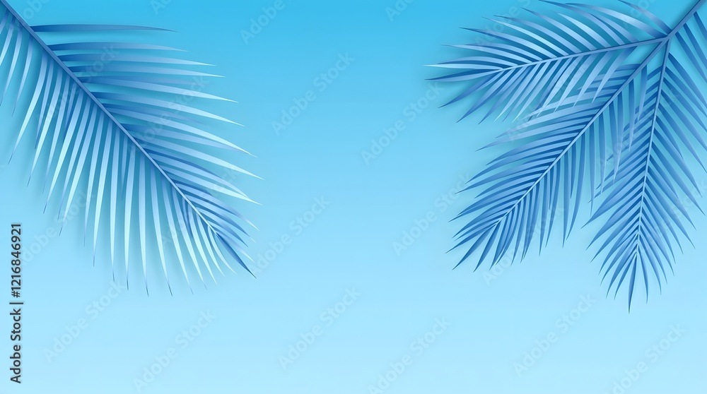 Fototapeta premium Blue Palm Leaves on Light Blue Background: Tropical Paper Cut Design for Summer