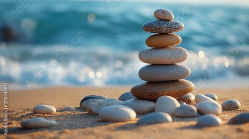 Pebble tower on sunny beach sea wave splashing water balance pyramid harmony equilibrium peace of mind. A beautifully balanced pyramid of pebbles stands on the beach.