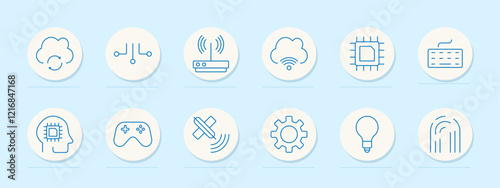 Technology set icon. Cloud storage, circuit, router, wireless connection, microchip, keyboard, AI, gaming, satellite, settings, idea, fingerprint recognition
