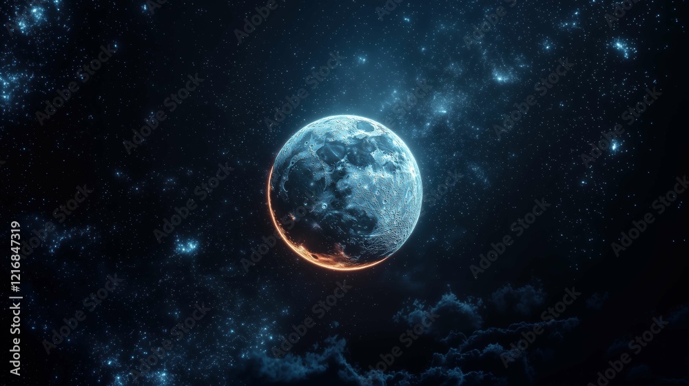 Obraz premium Close-up of a glowing moon with intricate crater details, surrounded by minimalist geometric stars emitting subtle neon glows, set against a dark, high-contrast cosmic background