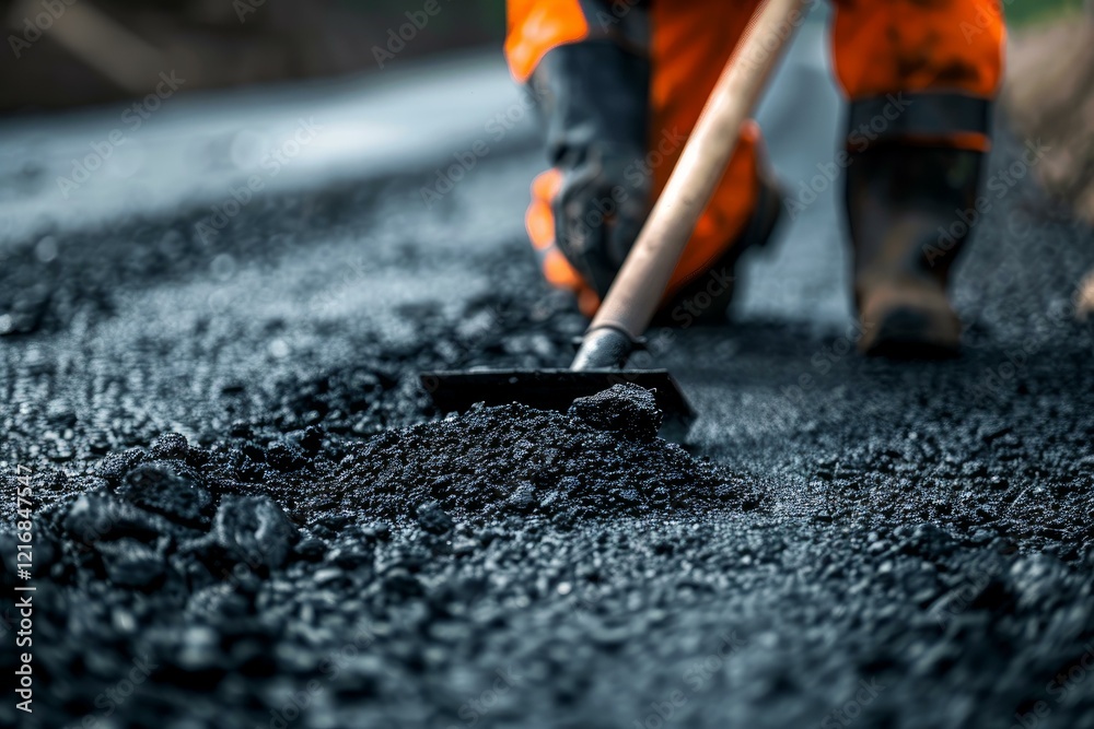 Construction worker is spreading hot asphalt on a road using a shovel during road construction Construction worker is spreading hot asphalt on a road using a shovel during road construction
