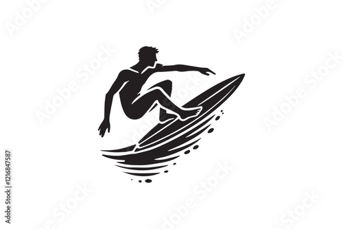 simple and subtle surfing vector silhouette black and white, set against a white background. 