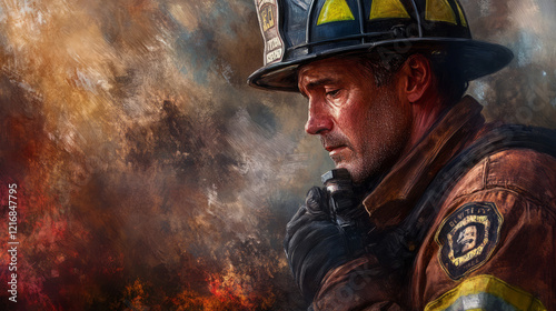 reflective contemplative firefighter portrait art capturing emotion and tribute with dramatic lighting and textured brush strokes in a memorial painting featuring intense gaze and fireman's uniform