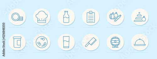 Food industry set icon. Tableware, chef, milk, checklist, vegetables, nutrition pyramid, packaging, ingredients, beverage, knife, oven, serving