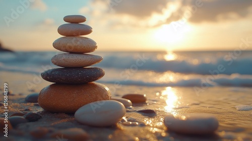 Pebble tower on sunny beach sea wave splashing water balance pyramid harmony equilibrium peace of mind. A beautifully balanced pyramid of pebbles stands on the beach.