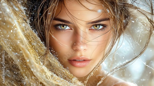 Artistic close-up portrait of a Ukrainian woman, glowing complexion, striking heterochromatic eyes, serene and confident gaze, cinematic blur background. Ultra-realistic, photo-realistic, highly  photo