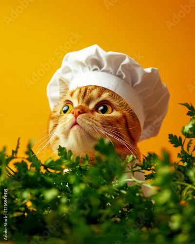 A cute cat chef surrounded by fresh herbs and vibrant colors. photo