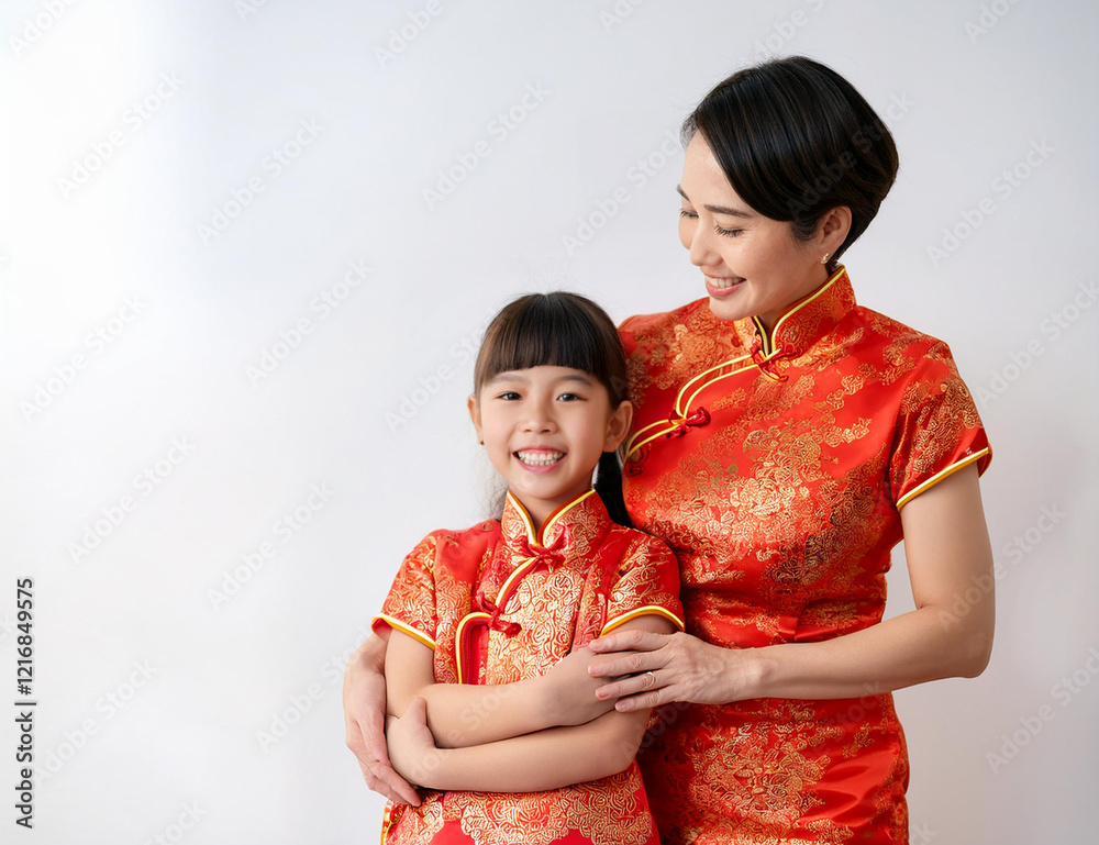 Potrait of an Asian woman and gril wearing Chinese New Year clothes. Potrait of an Asian woman and gril wearing Chinese New Year clothes.