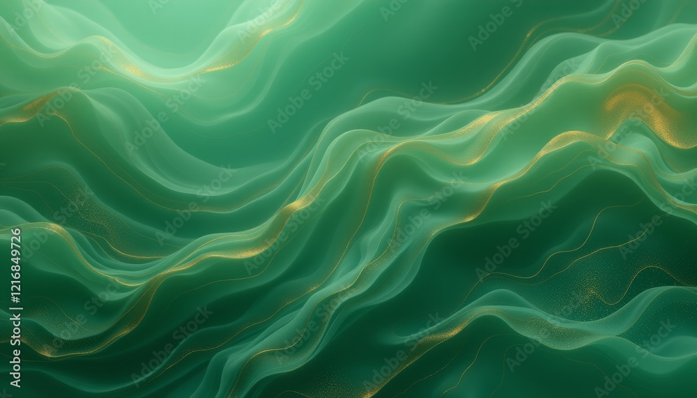 Obraz premium Abstract wavy green and golden-yellow lines creating a dynamic, flowing topography-like pattern with a sense of depth and movement, resembling fluid dynamics or a topographic map