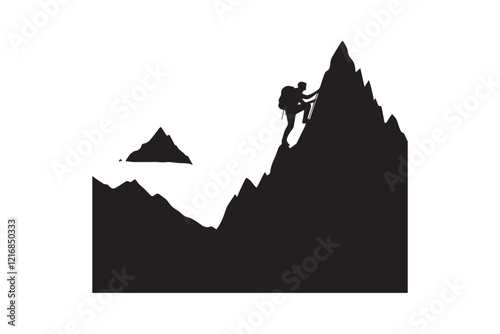 simple and subtle vector silhouette of mountain climbing in black and white, set against a white background. 