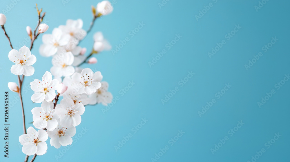 Fototapeta premium Cherry blossom branches with delicate white flowers against a blue background