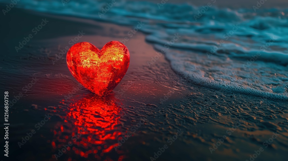 Fototapeta premium A glowing red heart on the sand, with sea waves, water, and fire background
