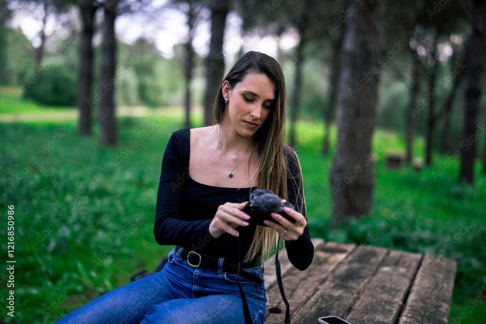 Chica joven delgada vloggeando con cámara por zona verde con arboles