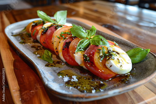 Photo of a plate with caprese salad beautifully served on irregulary shaped hand-thrown ceramic plate with an earthy glaze, eco-style, local farm products, wooden serving board and a natural linen nap photo