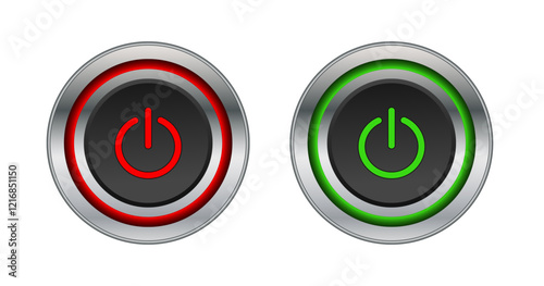Steel round on off button with backlight. Sign for website, app. Vector graphics isolated on transparent background