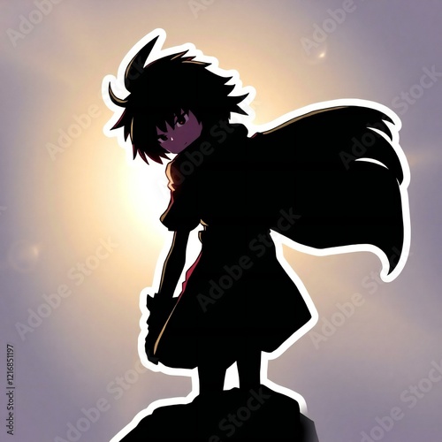 A cartoon sticker in Isekai anime style, featuring a silhouetted figure backlit by a bright light source, expressive pose and composition, vibrant colors, glossy finish