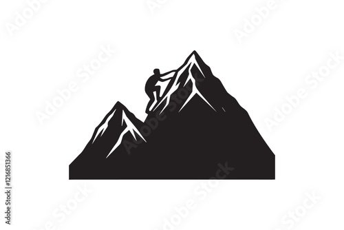 simple and subtle vector silhouette of mountain climbing in black and white, set against a white background. 