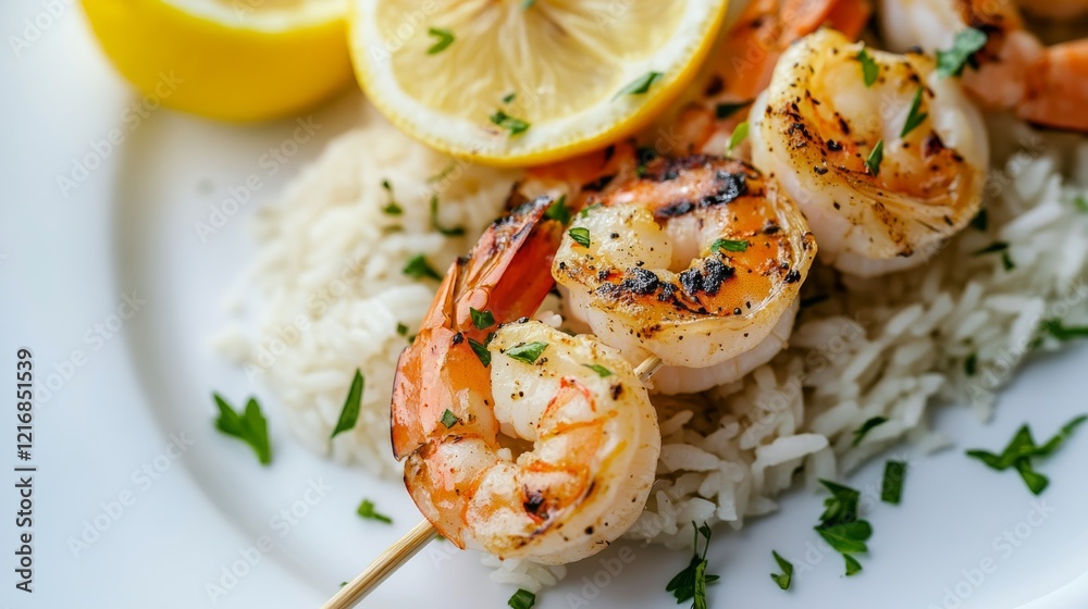 Close-up of rice and grilled shrimp skewer with lemon and herbs on a white plate, emphasizing fresh and zesty flavors. Ideal for seafood recipes and summer grilling. Close-up of rice and grilled shrimp skewer with lemon and herbs on a white plate, emphasizing fresh and zesty flavors. Ideal for seafood recipes and summer grilling.