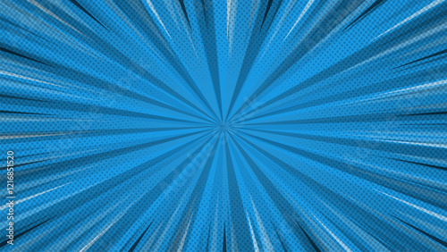 blue comic background with rays and halftone dots. Vector illustration.
