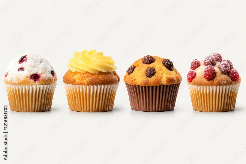 Mouth watering muffins presenting various toppings create a tempting display, perfect for bakery or cafe promotion Mouth watering muffins presenting various toppings create a tempting display, perfect for bakery or cafe promotion