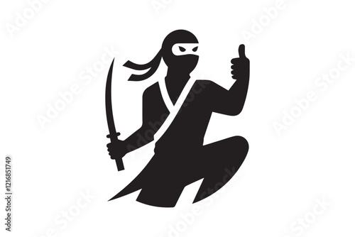 simple and subtle vector silhouette of ninja in black and white, set against a white background.  photo