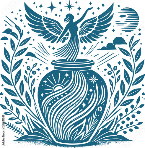 Winged Figure Emerging from a Decorative Vase in a Stylized Blue Illustration