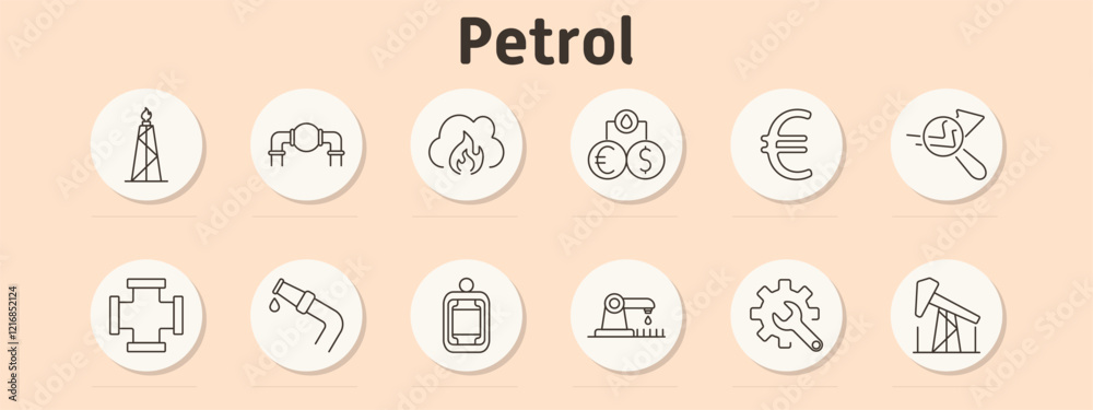 Petrol set icon. Oil tower, pipeline, flame, currency exchange, Euro, magnifying glass with chart, connector, gas pump, barrel, oil rig, wrench with gear, pump jack Petrol set icon. Oil tower, pipeline, flame, currency exchange, Euro, magnifying glass with chart, connector, gas pump, barrel, oil rig, wrench with gear, pump jack