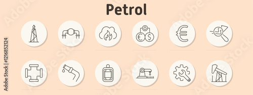 Petrol set icon. Oil tower, pipeline, flame, currency exchange, Euro, magnifying glass with chart, connector, gas pump, barrel, oil rig, wrench with gear, pump jack