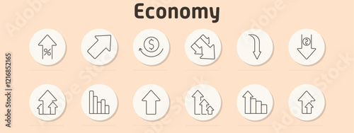 Economy set icon. Percent increase, upward arrow, currency cycle, double arrows, downward curve, financial decrease, growth bar, rising trend, growth arrows, upward curve, bar graph increase, movement