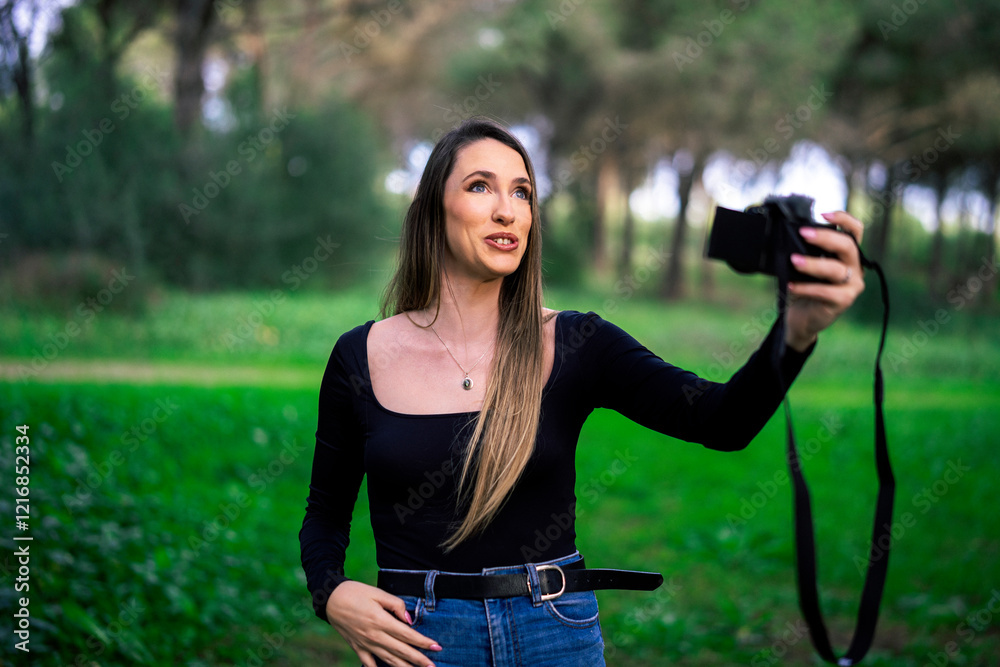 Chica joven delgada vloggeando con cámara por zona verde con arboles