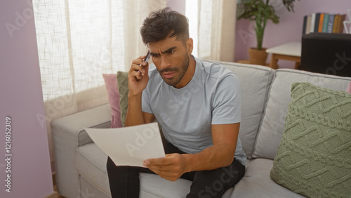 Young hispanic man sitting in a living room, holding a paper, and talking on the phone with a worried expression.