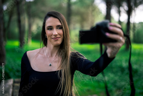 Obraz na płótnie Chica joven delgada vloggeando con cámara por zona verde con arboles w salonie