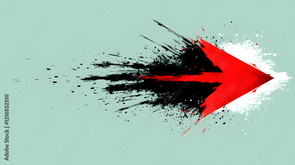 A dynamic red arrow with a splatter effect on a mint green background, symbolizing direction and movement A dynamic red arrow with a splatter effect on a mint green background, symbolizing direction and movement