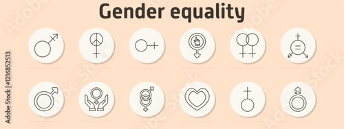 Gender equality set icon. Male, peace with female sign, female, pointer on gender, interlinked female, equal gender arrows, hands holding, heart, combined gender mark.