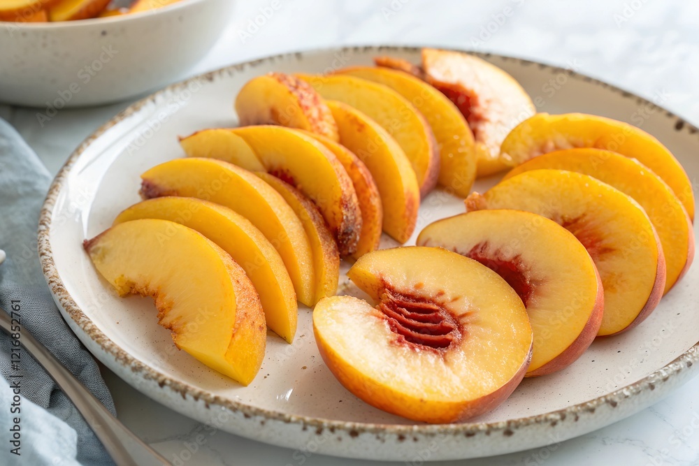 A minimalist presentation of fresh peach slices carefully arranged on a white ceramic plate, highlighting their natural beauty. A minimalist presentation of fresh peach slices carefully arranged on a white ceramic plate, highlighting their natural beauty.