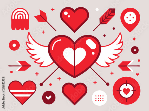 Valentine's Day Illustration Heart Shapes Love Symbols Cupid's Arrow Angel Wings