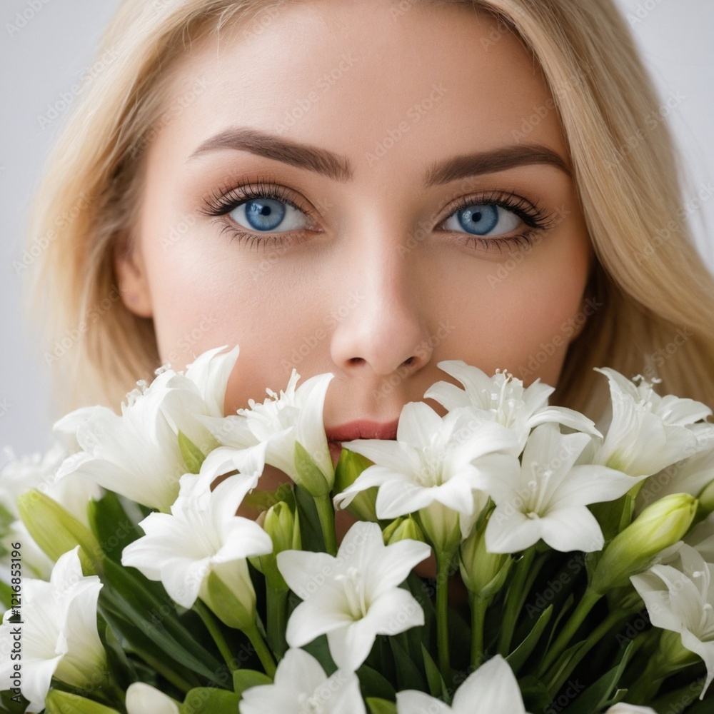 A blonde woman with blue eyes is holding a bouquet of flowers A blonde woman with blue eyes is holding a bouquet of flowers