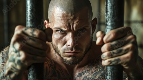 Bald, tattooed man stares intensely through jail bars, gripping them with a look of determination and aggression. Prisoner behind bars. Man who has committed a crime.
